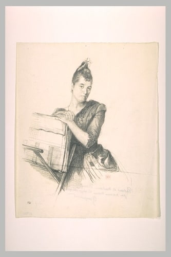 Madame Beraldi, assise, de face, appuyée sur un carton à dessin