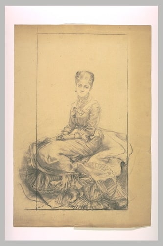 Femme, assise, de trois quarts à gauche, visage de face, mains jointes