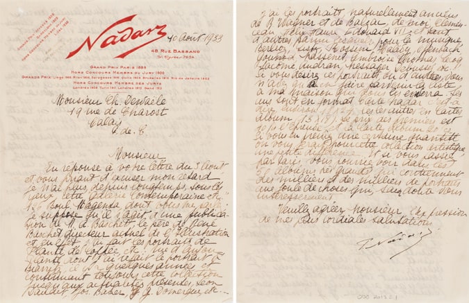 Lettre manuscrite adressée par l'Atelier Nadar à M. Charles Dewaële