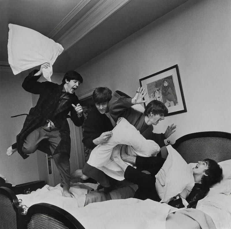 The Beatles Pillow Fight, George V Hotel, Paris (Paul McCartney; John Lennon; Ringo Starr; George Harrison)