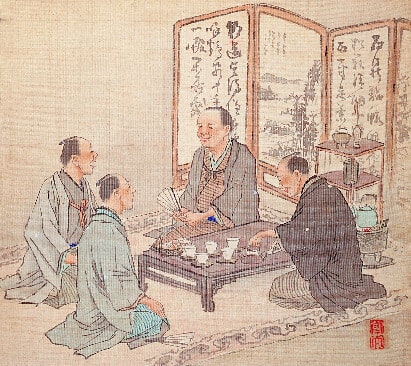 Men drinking Sencha tea, with poem on the reverse