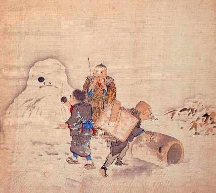 Children making a yuki daruma, or snowman, with poem on the reverse