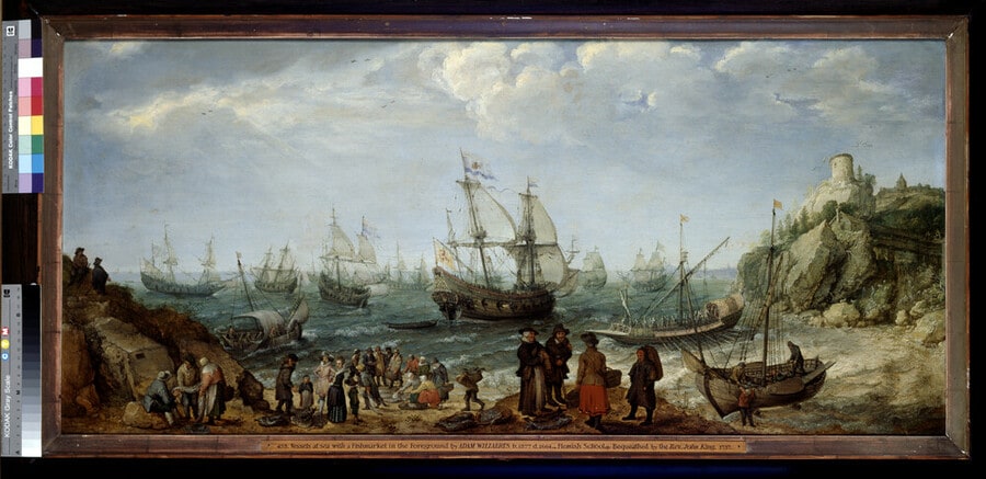 Warships off the Coast with a Fishmarket on the Beach
