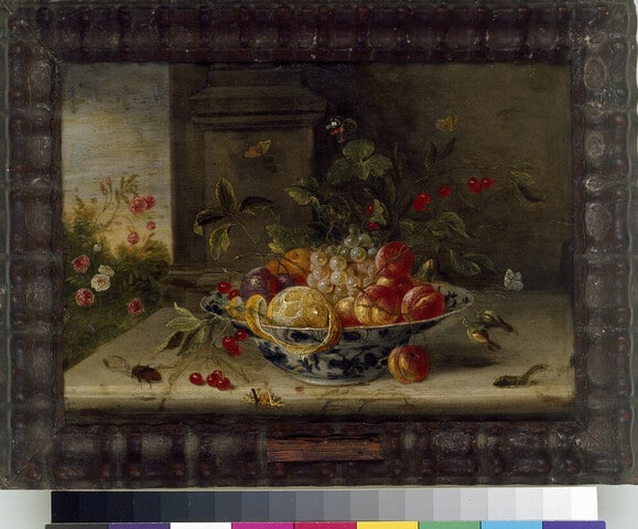 Decorative Still-Life Composition with a porcelain Bowl, Fruit and Insects