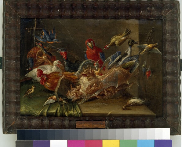 Decorative Still-Life Composition with Birds and Two Bats