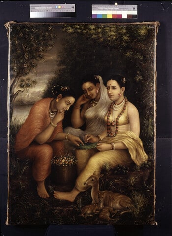 Shakuntala writing a love letter on a lotus leaf