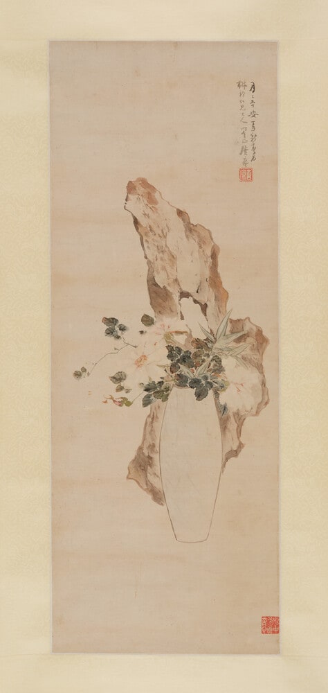 Yueji rose in vase and rock