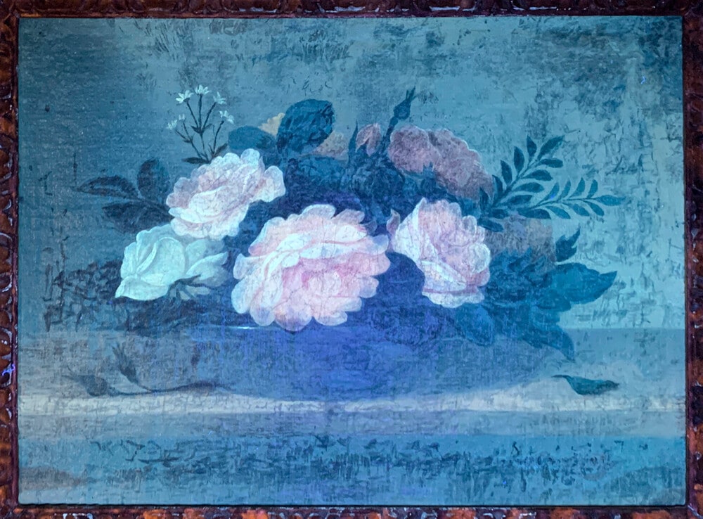 Roses and Daisies in a Glass Bowl on a Wooden Ledge