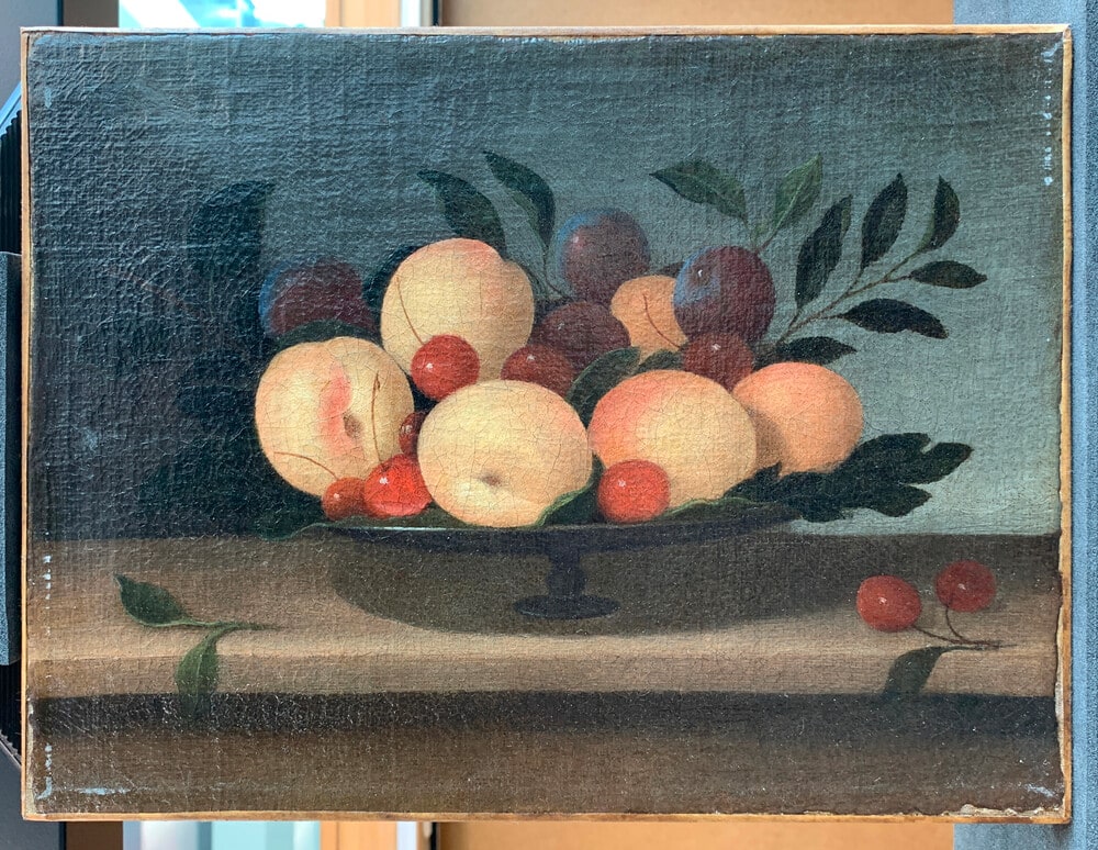Peaches, Cherries and Plums in a Glass Platter on a Wooden Ledge