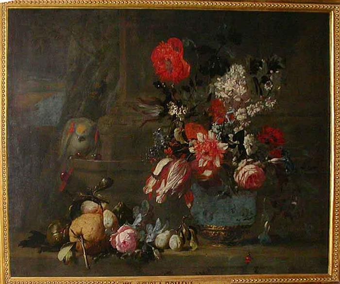 Fiori e frutta con basamenti di colonne