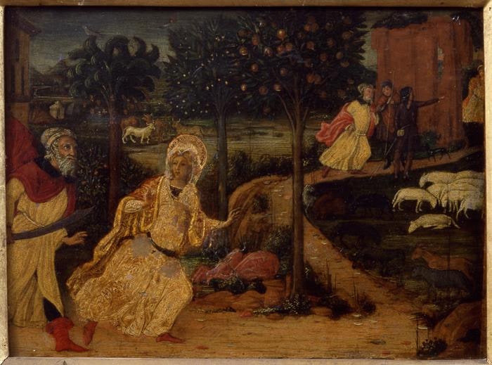 Scomparto di predella con Storie di Santa Barbara: La Santa insegui...