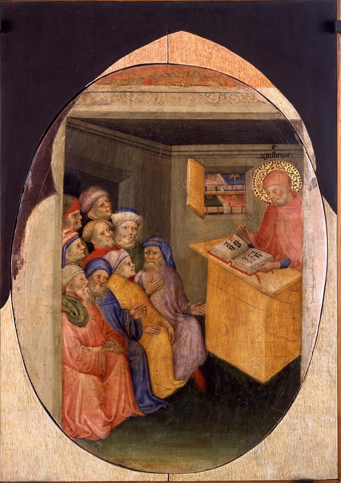 Scomparto di predella con Storie di Sant'Agostino: il Santo insegna...