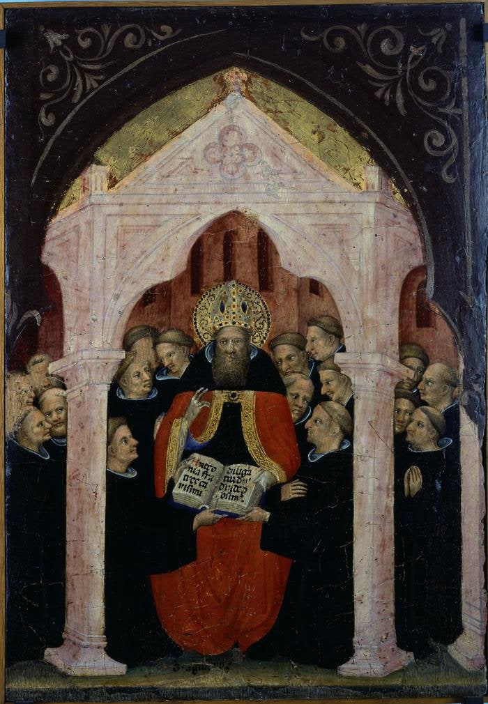 Scomparto di predella con Storie di Sant'Agostino: Il Santo consegn...