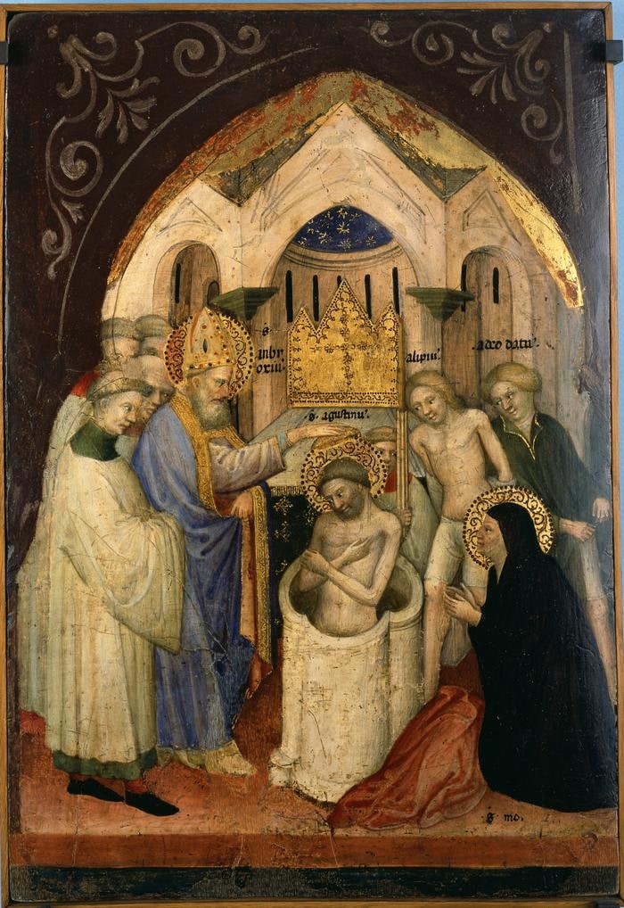 Scomparto di predella con Storie di Sant'Agostino: Il Santo battezz...