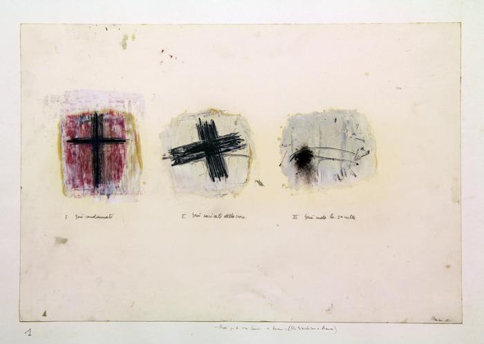 Via Crucis: tav. 1 - "I, Gesù condannato", "II, Gesù caricato della croce", "III, Gesù cade la prima volta" (bozzetto per la Via Crucis della Chiesa dei Ss. Gioacchino e Anna a Roma)